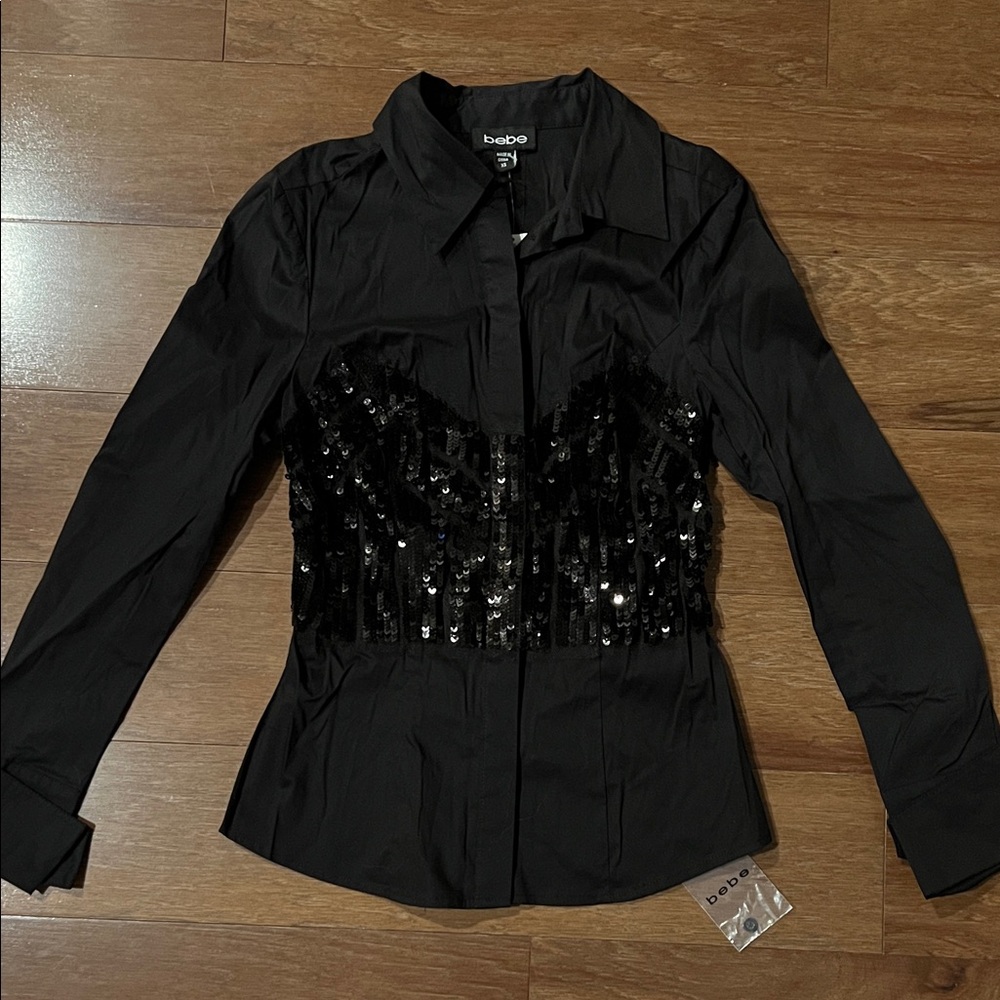 NWT Bebe Black Sequin Embellished Bustier Shirt XS